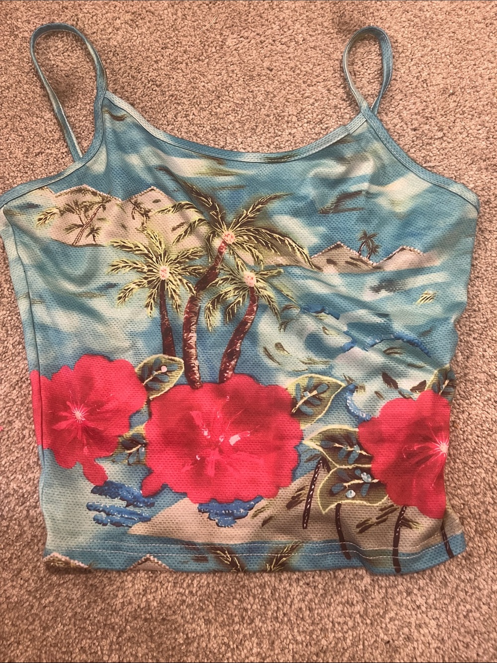 SHEIN Blue Tropical Palm & Red Hibiscus Spaghetti Strap Crop Top